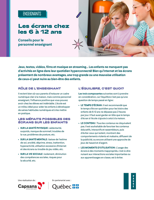 Les écrans chez le 6 à 12 ans: conseils pour le personnel enseignant